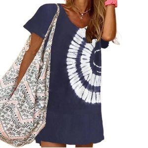 Navy Print Short Sleeve Mini Dress